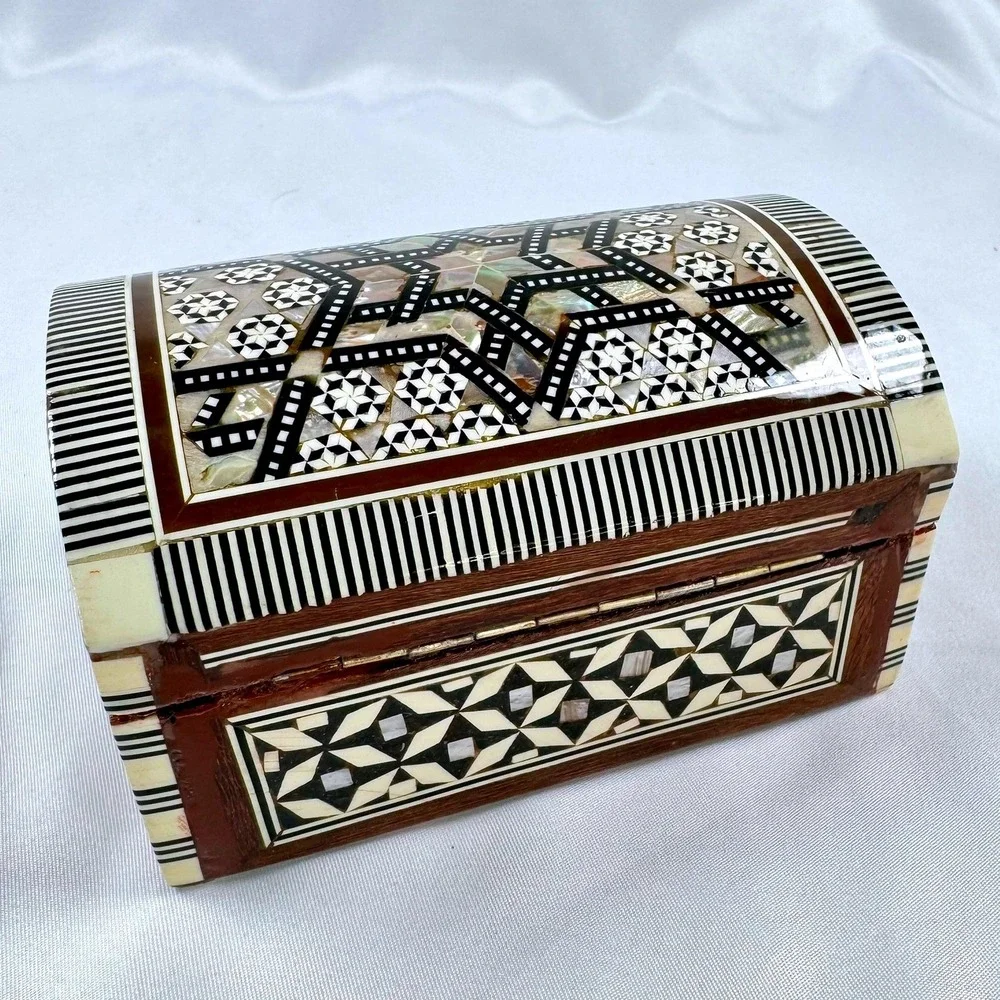 Handmade Mother of Pearl Inlay Wooden Jewelry Box Domed Mosaic Trinket Box NICE